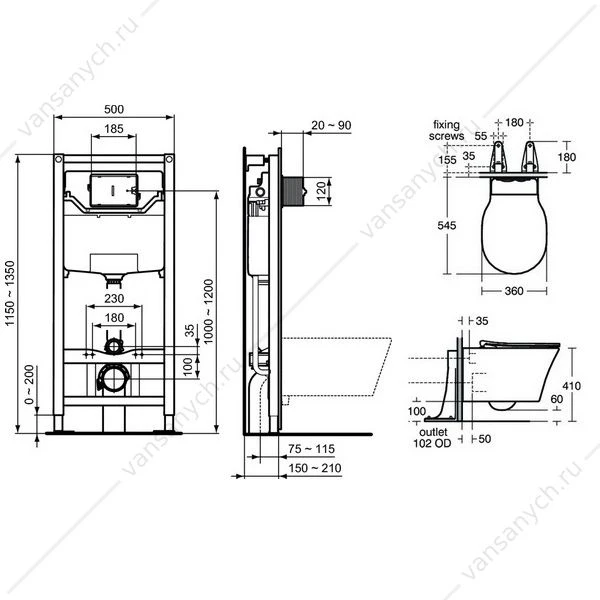 Комплект  4 в 1: инсталляция PROSYS™ R020467 с кнопкой, унитаз безободковый CONNECT AIR E005401+сиденье