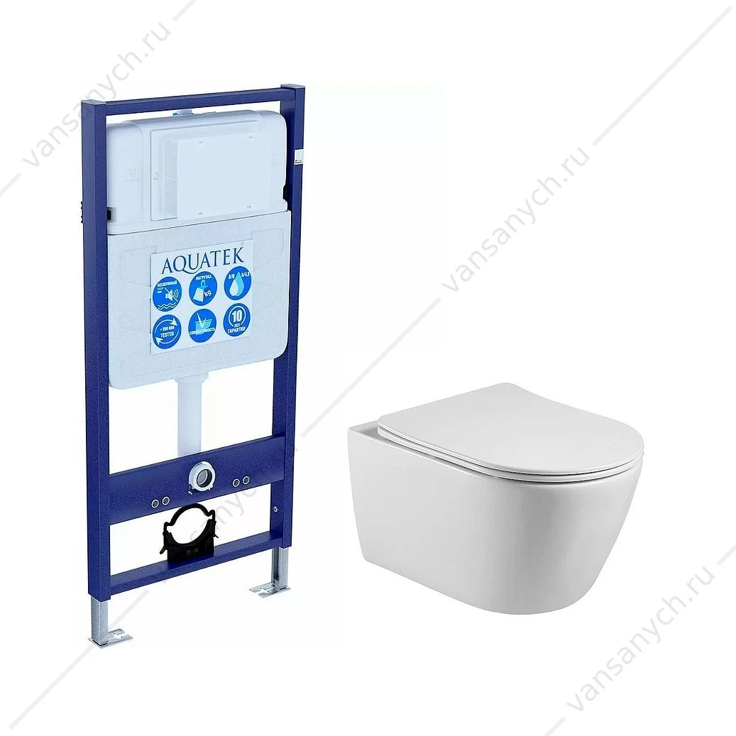 Унитаз безободковый Бетта с инсталляцией Aquatek Standart + сиденье микролифт, SET AQUATEK БЕТТА