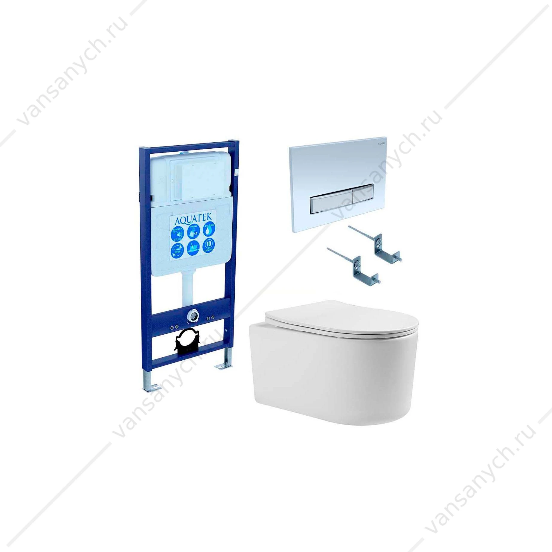 Комплект AQUATEK МИЯ 4в1: унитаз безободковый МИЯ AQ2004-00 с тонким сиденьем микролифт + рама AQUATEK Standard INS-0000012+ крепеж +клавиша белая
