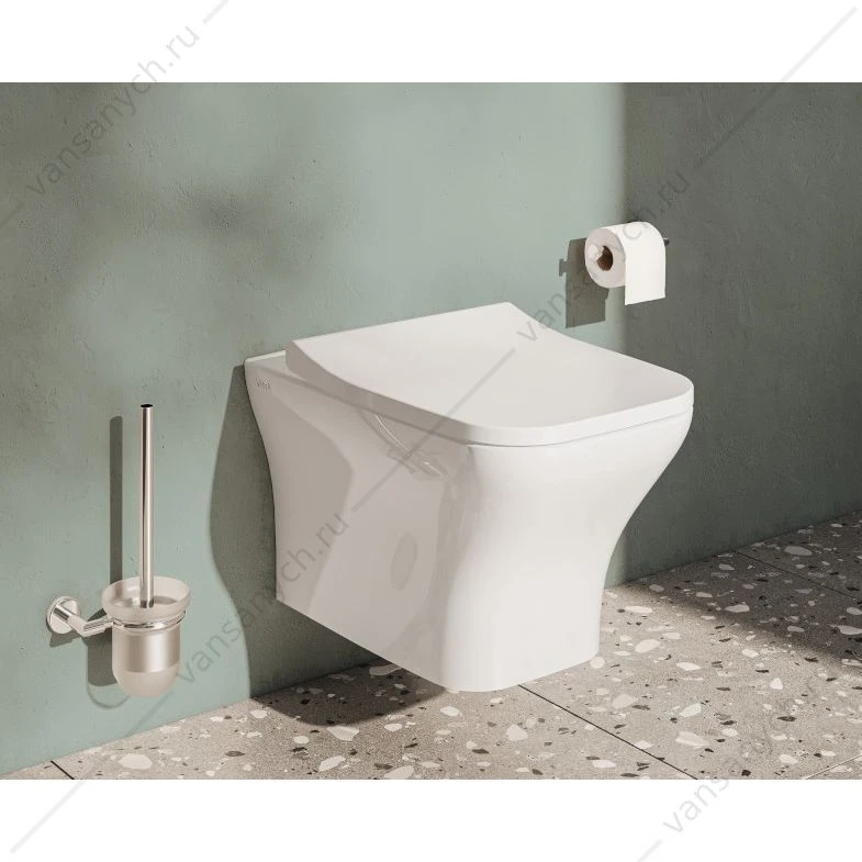 Комплект: безободковый унитаз Zentrum Square, SmoothFlush, c сиденьем микролифт, инсталляция, кнопка Root Square, хром глянцевый