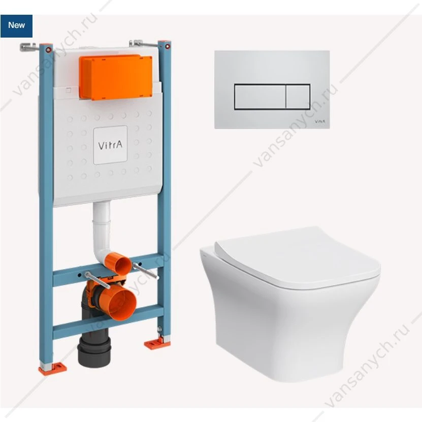Комплект: безободковый унитаз Zentrum Square, SmoothFlush, c сиденьем микролифт, инсталляция, кнопка Root Square, хром глянцевый