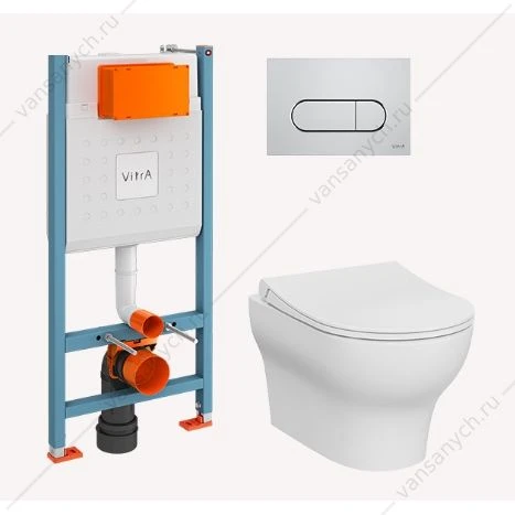 Комплект: безободковый унитаз Zentrum Round, SmoothFlush, c сиденьем микролифт, инсталляция, кнопка Root Round, хром глянцевый