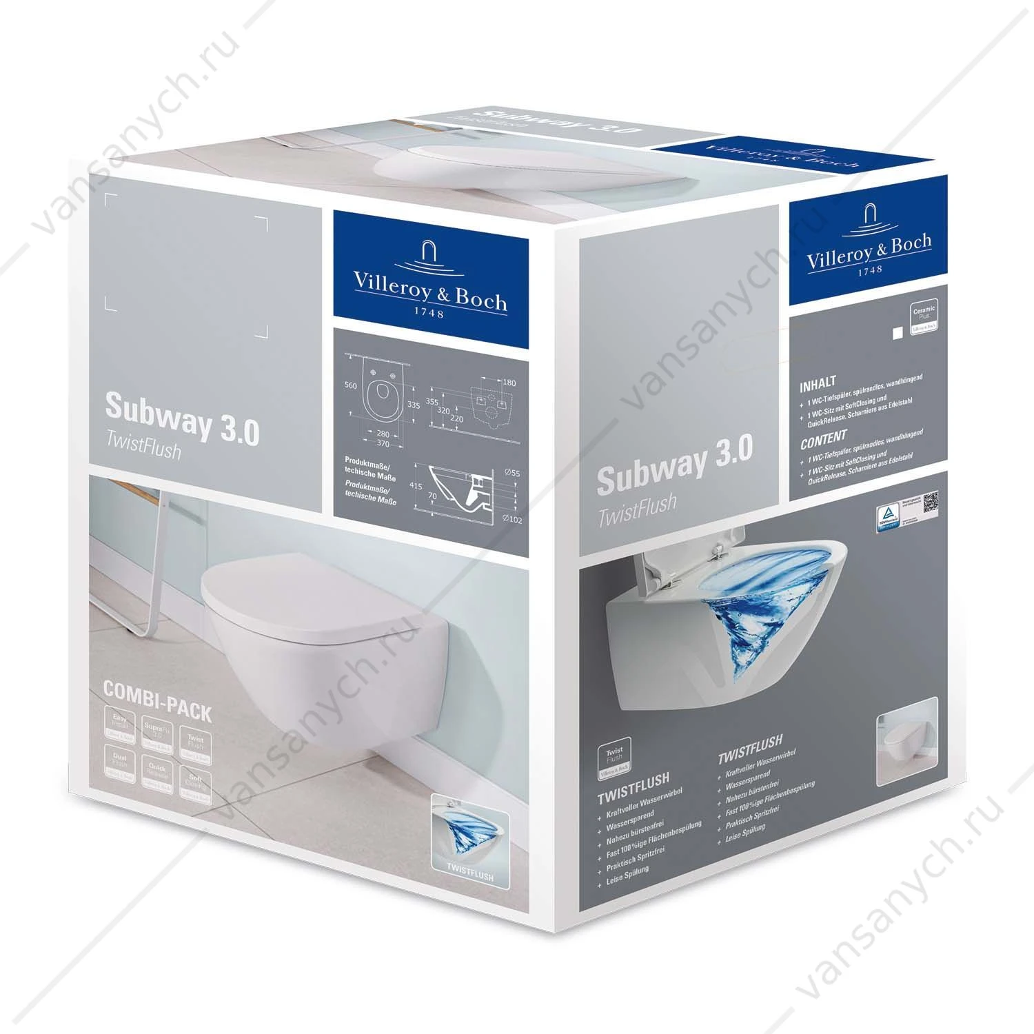 Унитаз безободковый Villeroy & Boch SUBWAY 3.0 с сиденьем (микролифт, быстросъем) 4670TS01 комбипак, подвесной