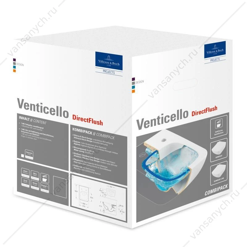 Унитаз безободковый Villeroy & Boch VENTICELLO с сиденьем микролифт, быстросъем, 4611RS01 комбипак, подвесной