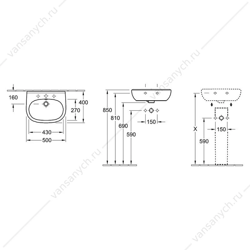 Раковина 50х40 VILLEROY & BOCH O.Novo с переливом, с 1 отв. под смеситель, weiss alpin, 53605001