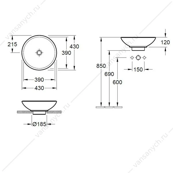 Раковина 43х43 для установки на столешницу VILLEROY & BOCH Loop & Friends D=430 mm без отв, 51440001