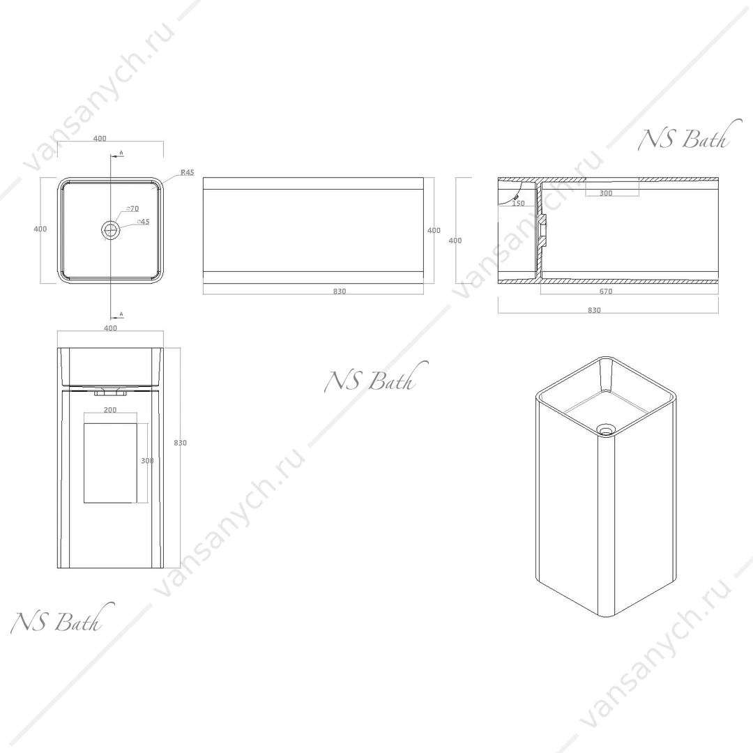 Раковина 40х40 напольная NS Bath NSF-4086