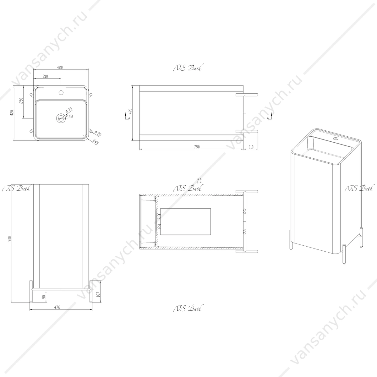 Раковина 48х42 напольная NS Bath NSF-47420