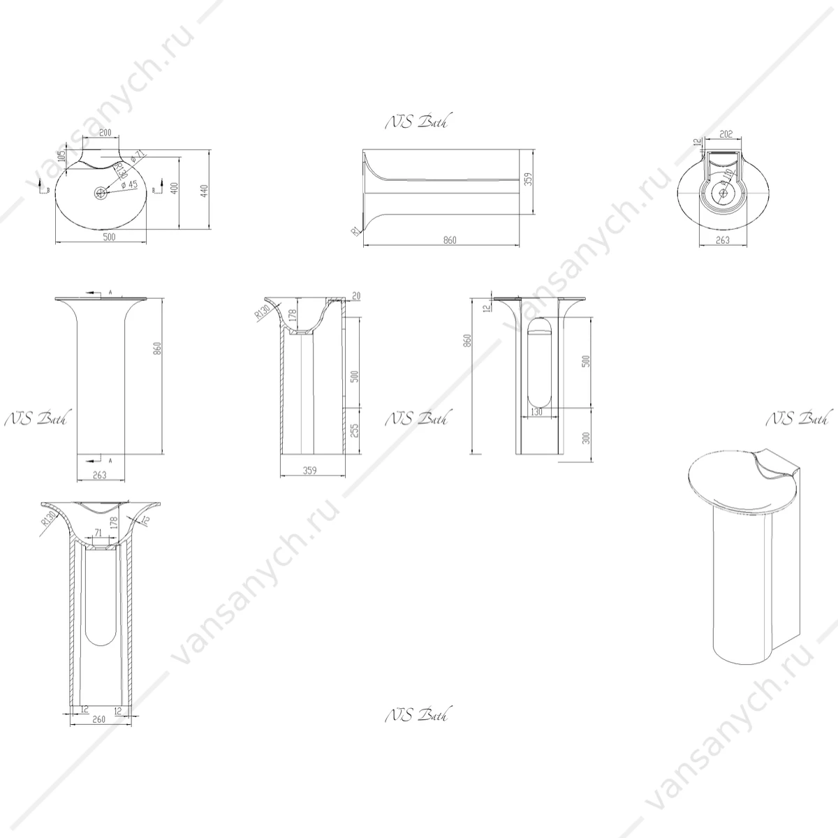 Раковина 50х44 напольная NS Bath NSF-50440