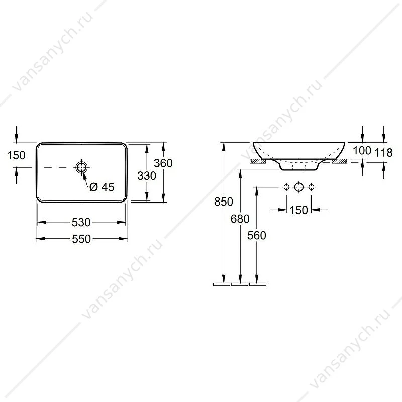 Раковина 55х36 накладная Villeroy & Boch VENTICELLO, белый, 41135501