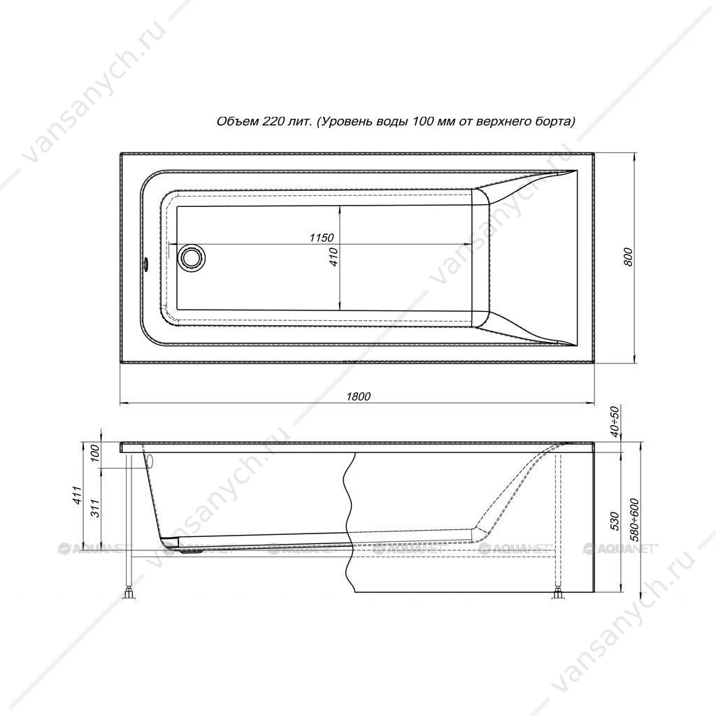 Ванна 180x80 акриловая Aquanet Bright