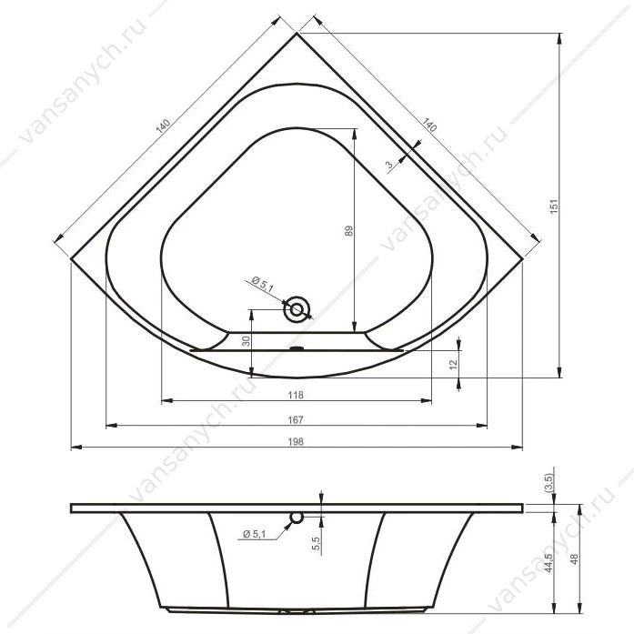 Ванна 140x140 угловая акриловая RIHO ATLANTA, BB7000500000000