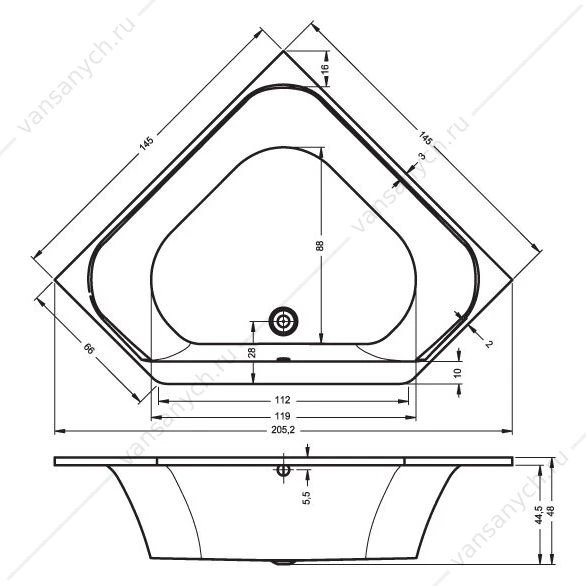 Ванна 145x145 угловая акриловая RIHO AUSTIN, BA1100500000000