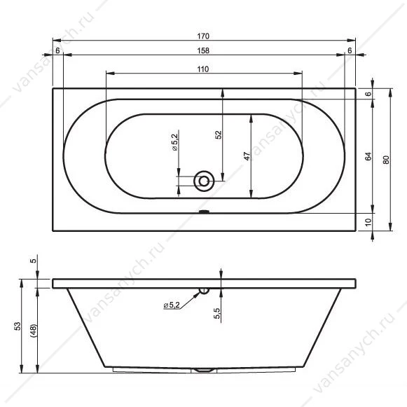 Ванна 170x80 акриловая RIHO CAROLINA прямоугольная, BB5300500000000