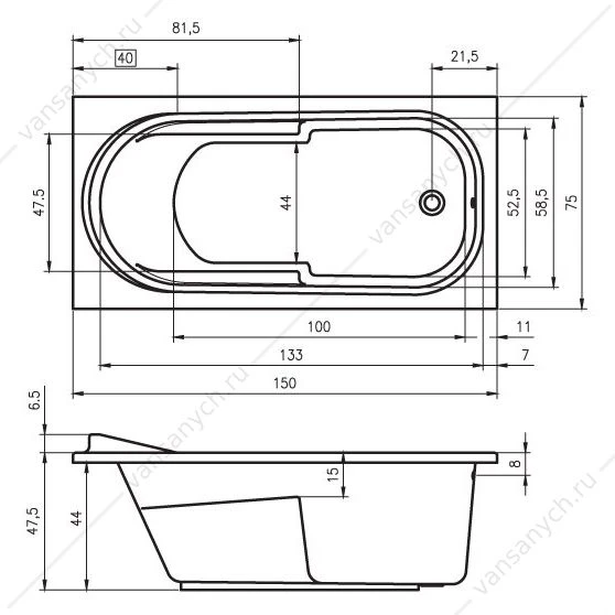 Ванна 150x75 акриловая RIHO COLUMBIA прямоугольная, BA0200500000000