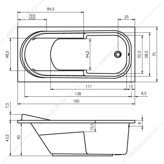 Ванна 160x75 акриловая RIHO COLUMBIA прямоугольная, BA0100500000000