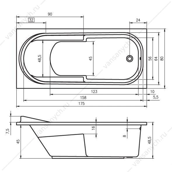Ванна 175x80 акриловая RIHO COLUMBIA прямоугольная, BA0400500000000