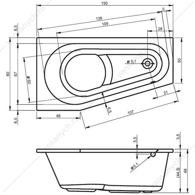 Ванна 150x80 акриловая RIHO DELTA, L асимметричная, BB8100500000000
