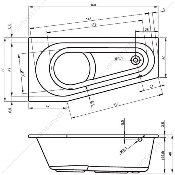 Ванна 160x80 акриловая RIHO DELTA, L асимметричная, BB8300500000000