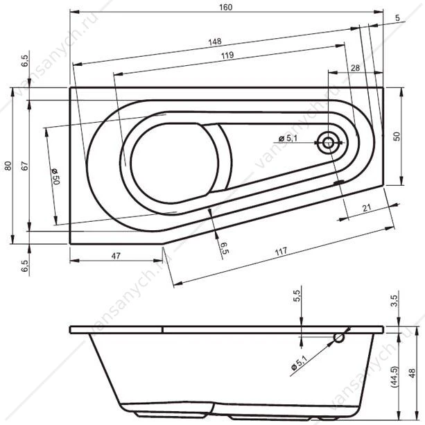Ванна 160x80 акриловая RIHO DELTA, R асимметричная, BB8200500000000