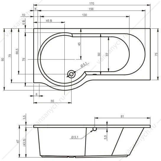 Ванна 170x75/90 акриловая RIHO DORADO, R, BA8000500000000