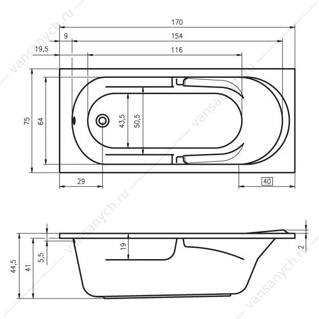 Ванна 170x75 акриловая RIHO FUTURE прямоугольная, BC2800500000000