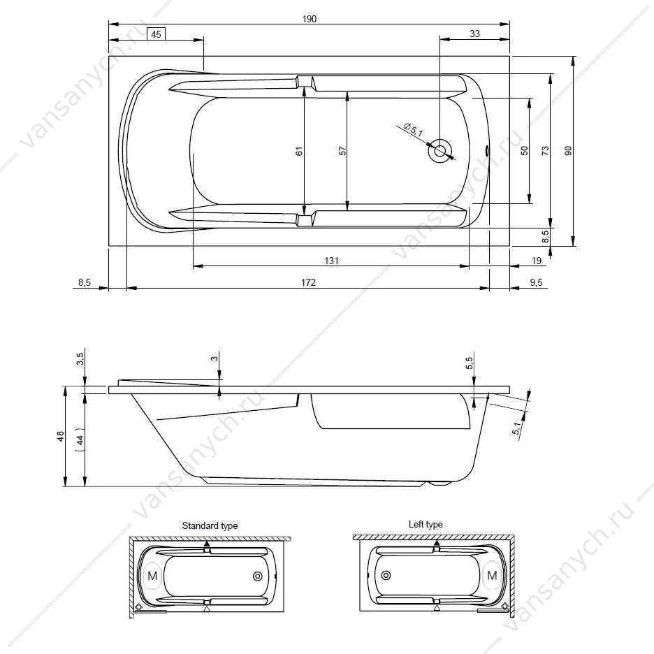 Ванна 190x90 акриловая RIHO FUTURE XL прямоугольная, BC3200500000000