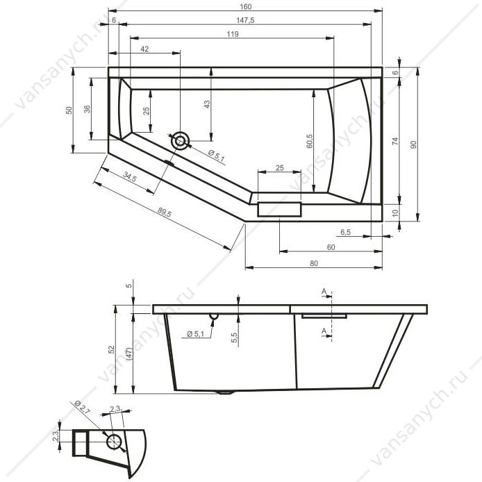 Ванна 160x90 акриловая RIHO GETA, L асимметричная, BA8700500000000