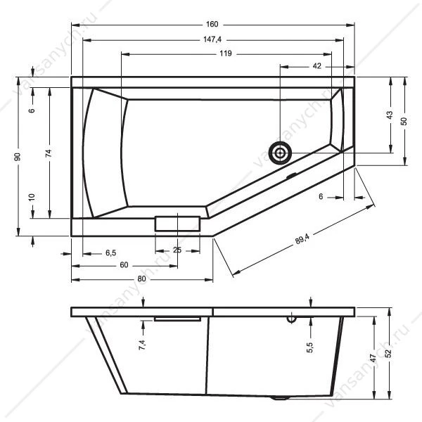 Ванна 160x90 акриловая RIHO GETA, R асимметричная, BA8600500000000