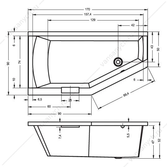 Ванна 170x90 акриловая RIHO GETA, R асимметричная, BA8800500000000