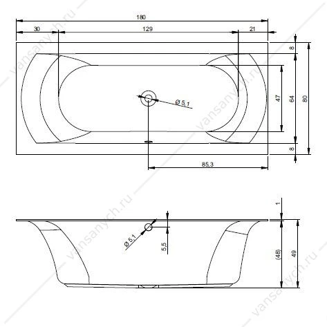 Ванна 180x80 акриловая RIHO LINARES, R прямоугольная, BT4600500000000