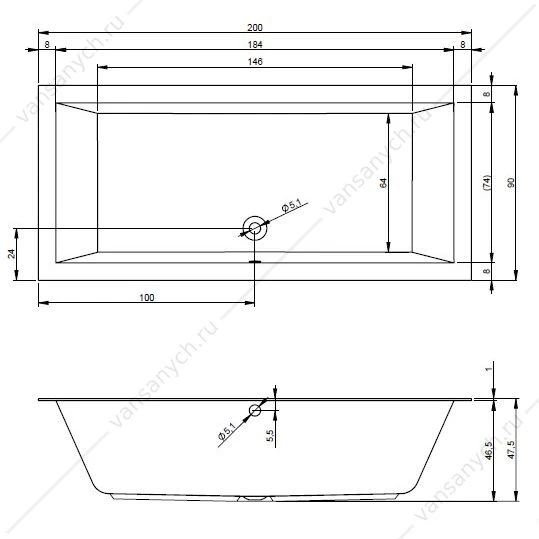 Ванна 200x90 акриловая RIHO LUGO прямоугольная, BT0600500000000