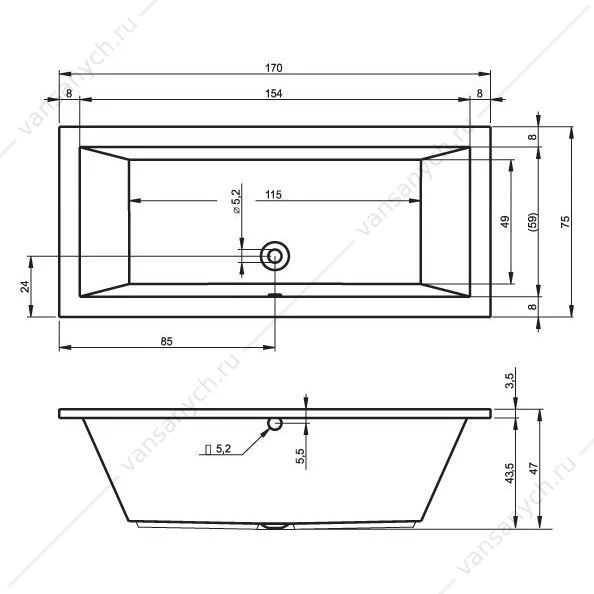 Ванна 170x75 акриловая RIHO LUSSO прямоугольная, BA1800500000000
