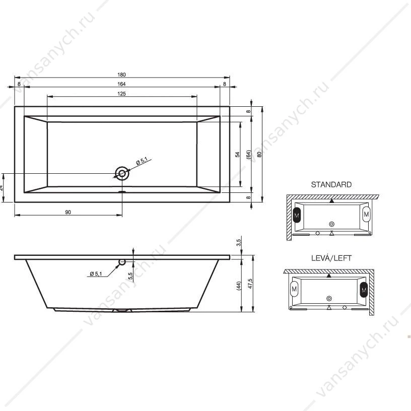 Ванна 180x80 акриловая RIHO LUSSO прямоугольная, BA9800500000000