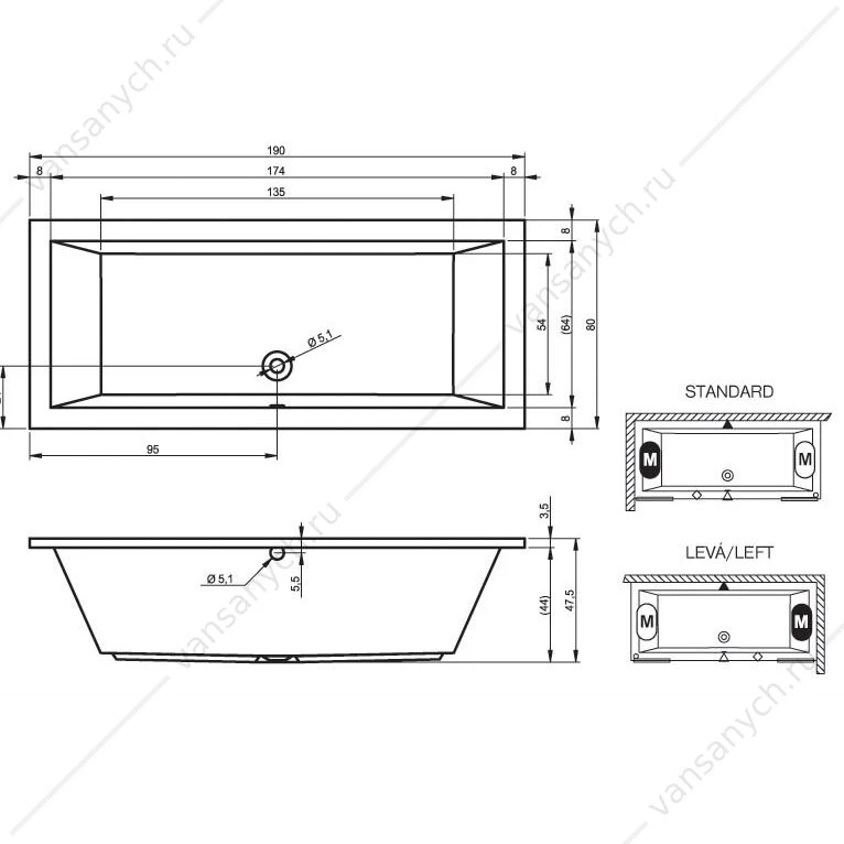 Ванна 190x80 акриловая RIHO LUSSO прямоугольная, BA5900500000000