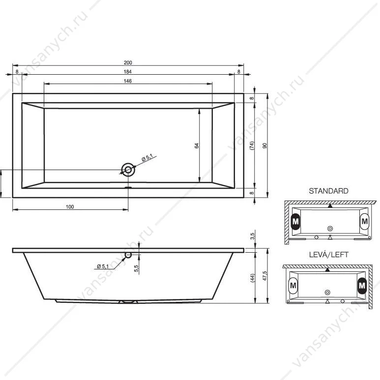 Ванна 200x90 акриловая RIHO LUSSO прямоугольная, BA6000500000000