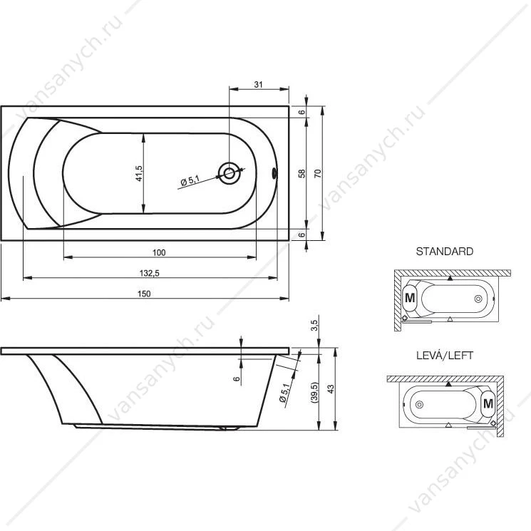 Ванна 150x70 акриловая RIHO MIAMI прямоугольная, BB5800500000000