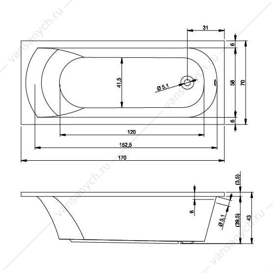 Ванна 170x70 акриловая RIHO MIAMI прямоугольная, BB6200500000000