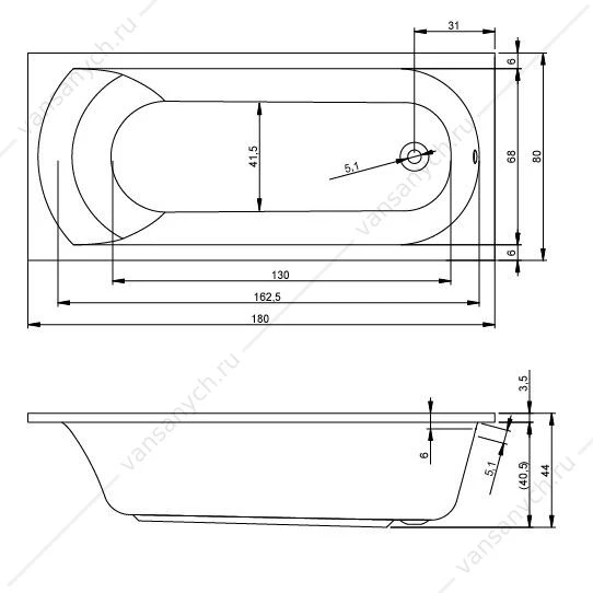 Ванна 180x80 акриловая RIHO MIAMI прямоугольная, BB6400500000000