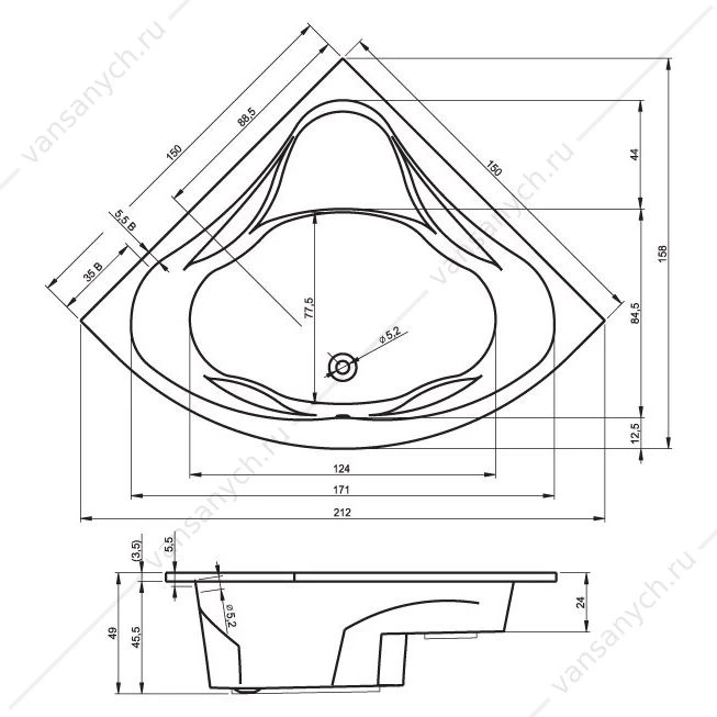Ванна 150x150 угловая акриловая RIHO NEO, BC3500500000000