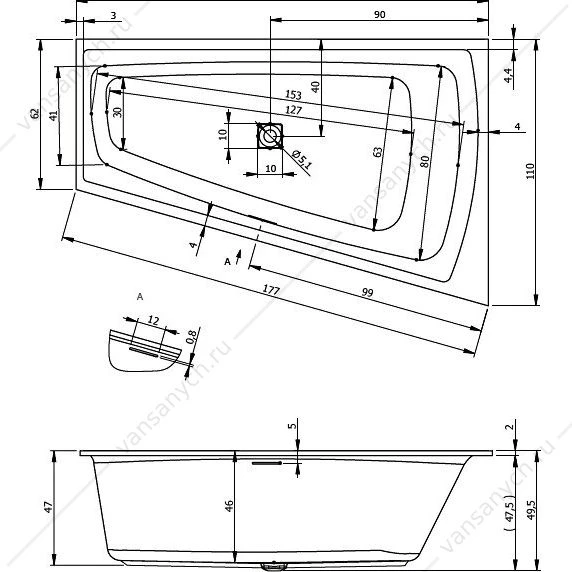 Ванна 170x110 акриловая RIHO STILL SMART L, L асимметричная (вкл. сифон), BR0400500000000