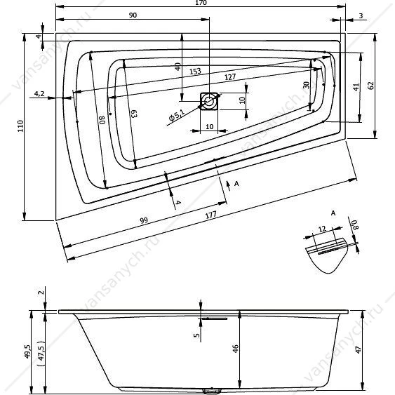 Ванна 170x110 акриловая RIHO STILL SMART R, R асимметричная (вкл. сифон), BR0300500000000
