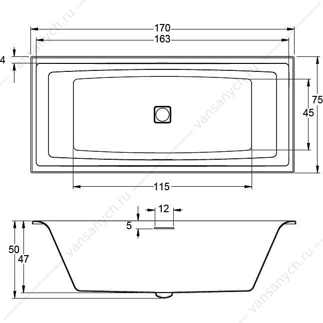 Ванна 170x75 акриловая RIHO STILL SQUARE прямоугольная (вкл. сифон), BR0200500000000