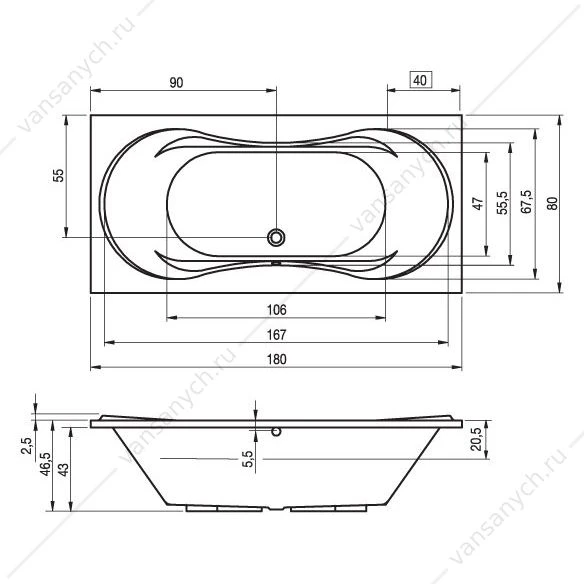 Ванна 180x80 акриловая RIHO SUPREME прямоугольная, BA5500500000000