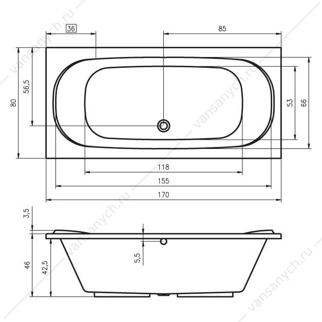 Ванна 170x80 акриловая RIHO TAURUS прямоугольная, BC0700500000000