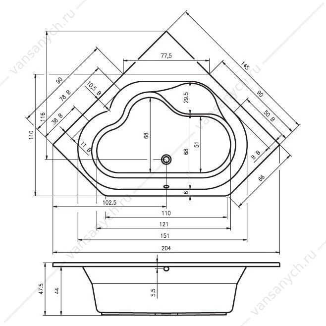 Ванна 145x145 акриловая RIHO WINNIPEG шестиугольная, BA4800500000000