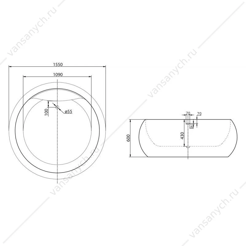 Ванна 155х155 круглая акриловая BELBAGNO BB30-1550 отдельностоящая