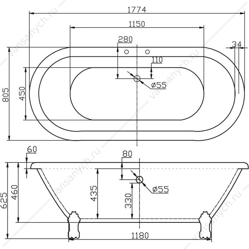 Ванна 177х80 акриловая отдельностоящая BELBAGNO BB21