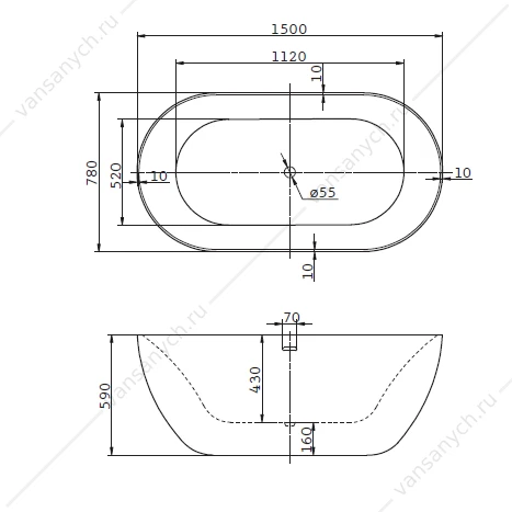 Ванна 150х78 акриловая отдельностоящая BELBAGNO BB27