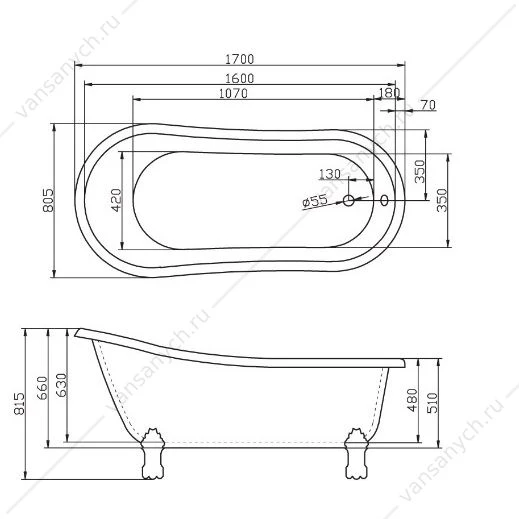 Ванна 170х80 акриловая отдельностоящая BELBAGNO BB04